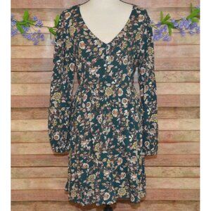 Boho Hunter Green Floral V-Neck Belted Dress - Size L - Long Sleeve Cottagecore